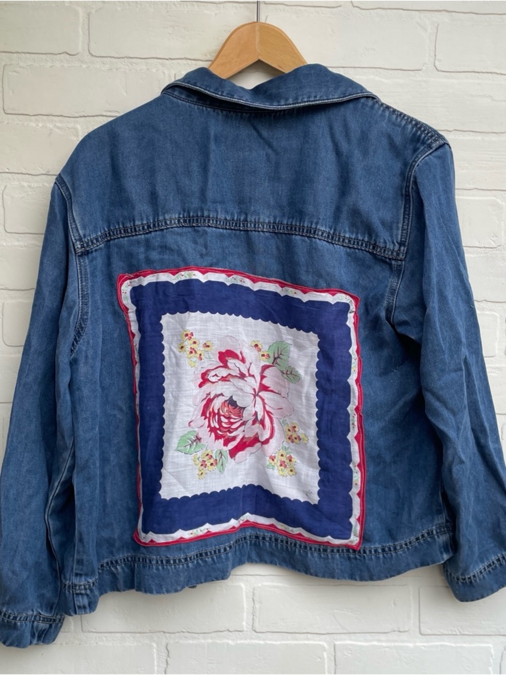 Upcycled Classic Denim Jean Jacket - Blue with Vintage Hankie on the back